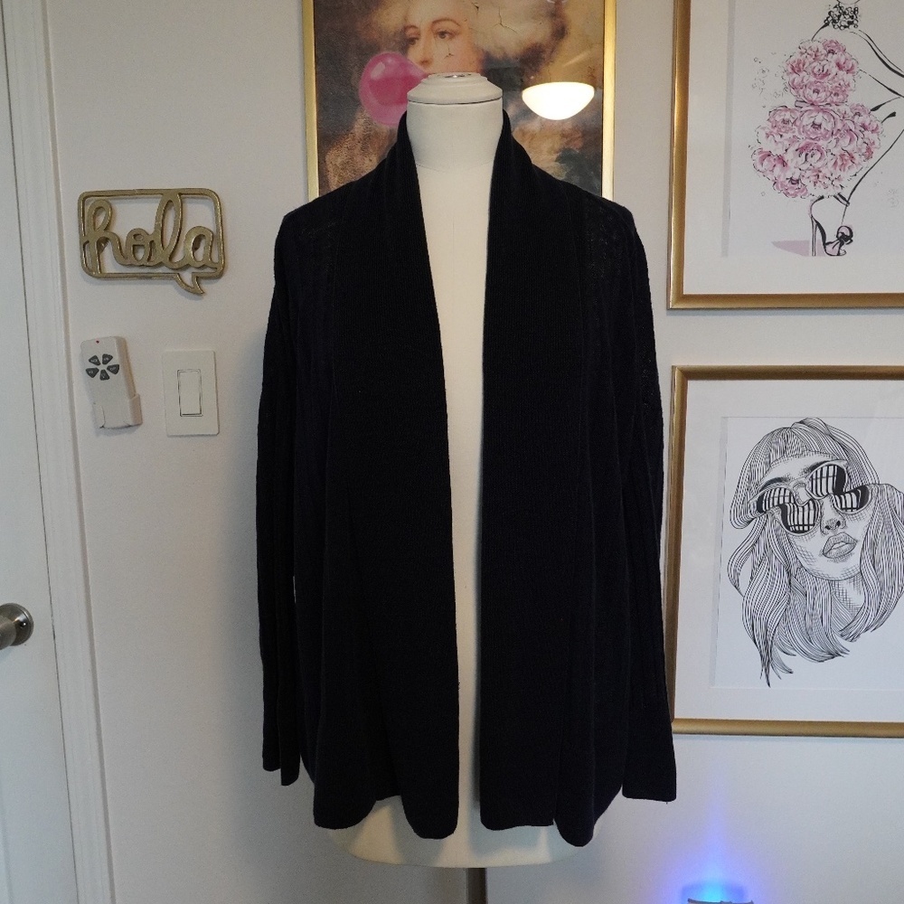Pure Collection Blue Ribbed Knit Open Front LongSleeve Linen Cardigan 043